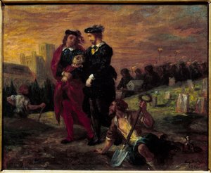 Hamlet és Horatio a temetőben. William Shakespeare „Hamlet” című drámájának V. felvonása. Eugene Delacroix festménye (1798-1863) Ec. Fr. alkotó: Ferdinand Victor Eugene Delacroix