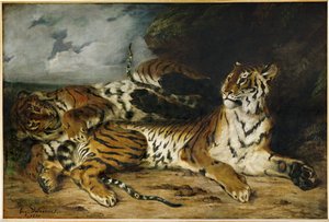 Fiatal tigris játszik az anyjával ... alkotó: Ferdinand Victor Eugene Delacroix