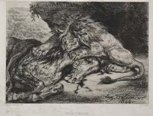Oroszlán felfal egy lovat, 1844. alkotó: Ferdinand Victor Eugene Delacroix
