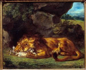 Oroszlán ver egy nyulat. Eugene Delacroix festménye (1798-1863) alkotó: Ferdinand Victor Eugene Delacroix