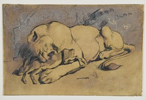 Oroszlán felfal egy nyulat (toll és tinta vöröses mosással barna papíron) alkotó: Ferdinand Victor Eugene Delacroix
