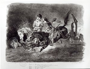 Mefisztó és Faust lovaglás az éjszakában, Goethe illusztrációja Fausthoz, 1828 alkotó: Ferdinand Victor Eugene Delacroix