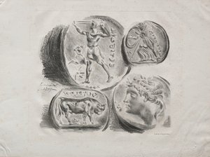 Négy antik érmet tartalmazó lap, 1825. alkotó: Ferdinand Victor Eugene Delacroix
