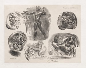 Hat antik érmét tartalmazó lap, 1825. alkotó: Ferdinand Victor Eugene Delacroix