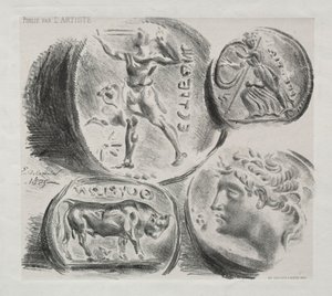 Lap négy antik éremmel, 1825. alkotó: Ferdinand Victor Eugene Delacroix