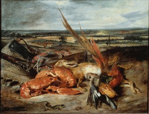 Csendélet homárral és vadászati és halászati trófeákkal - olaj, vászon alkotó: Ferdinand Victor Eugene Delacroix