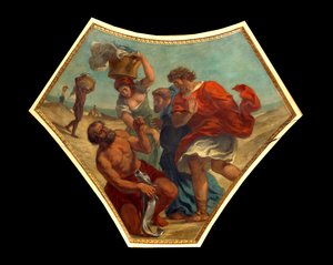 Az istentisztelet drachmáját, amelyet Szent Péter talált egy hal hallatán. Ebből a pénzből az adót a Kafarnaum (vagy Kefar Nahum, Galilea városa, Izraelben auj.) város bejáratánál lévő gyűjtőnek fizetik majd. . Eugene Delacroix festménye (1798-1 alkotó: Ferdinand Victor Eugene Delacroix