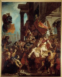 Traianus igazságszolgáltatása Egy özvegy, akinek a fiát megölték, Traianus császártól (Marcus Ulpius Trajanus, 53-117) keres igazságot, aki háborúba indul. A puragatórium illusztrációja Dante Alighieri (1265-1321) „” La Divina Commedia” című művében (Isten alkotó: Ferdinand Victor Eugene Delacroix
