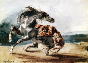 A tigris megtámad egy vad lovat (toll, tinta és akvarell papíron) alkotó: Ferdinand Victor Eugene Delacroix