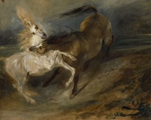 Két ló harcol a viharos tájon, 1828 körül alkotó: Ferdinand Victor Eugene Delacroix