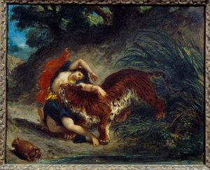 Fiatal nőt elvitt egy tigris vagy indián megharapott egy tigris. Eugene Delacroix festménye (1798-1863) alkotó: Ferdinand Victor Eugene Delacroix