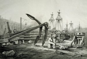 Horgonyok a haditengerészeti hajógyárban, Ferdinand Perrot, litográfia alkotó: Ferdinand Victor Perrot