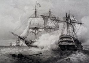 Csata 74 ágyús amerikai hajó és brit fregatt között, Ferdinand Perrot litográfiája