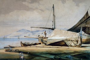 Leudi, ligur halászhajó, Ferdinand Perrot színes litográfiája