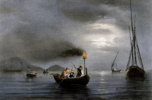 Éjszakai horgászat horgászlámpánál, Ferdinand Perrot (1808-1841) színes litográfiája