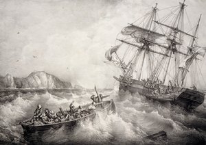 A breton halászhajó legénységének megmentése a svéd Le Neptune hajóval, Litográfiája Ferdinand Perrot