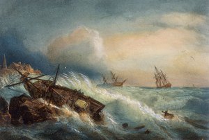 Hajóroncs Saint Nazaire partján, Ferdinand Perrot színes litográfiája, Franciaország