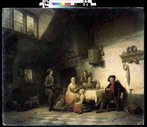 ""Le concert prive"" (Házi koncert) Belgiumban egy szerény belső térben összegyűlt család egy zenész hangját hallgatja. Idősebb Ferdinand de Braekeleer (1792-1883) festménye 19. századi Mihail Krosickij Művészeti Múzeum, Szevasztopol (Se