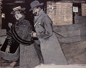 Egy fiatal nőt zaklató férfi. F. Von Reznicek illusztrációja: Simplicissimus, Németország