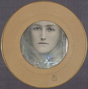 Barna szemek és egy kék virág alkotó: Fernand Khnopff