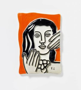 Két kézzel tartott arc, narancssárga háttérrel alkotó: Fernand Leger