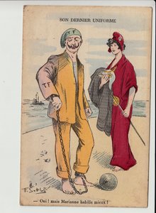 Képeslap, szatirikus színekben: Utolsó egyenruhája - 14-18-as háború - Marianne, II. Vilmos Illusztráció: Gottlob (1873-1935)