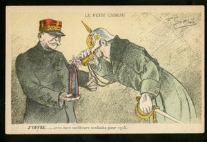 Képeslap, Szatirikus színekben, kb. 1914_12: Egy kis ajándékot ajánlok jókívánságaimmal 1915-re - 14-18-as háború, kanonok, kagylók - II. Vilmos, Joffre Illusztráció: Gottlob (1873-1935)