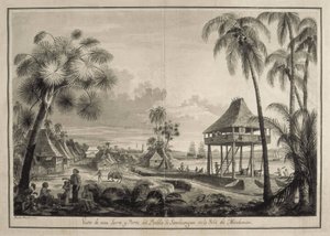 MALASPINA, Alejandro (1754-1809). Olasz-spanyol navigátor és felfedező; BRAMBILA, Fernando (1763-1834). Festő. Malaspina-expedíció. Fülöp-szigetek (1792). Zamboanga faluja. Fernando Brambila rajza. Rajz. SPANYOLORSZÁG. MADRID (AUTONÓM KÖZÖSSÉG).