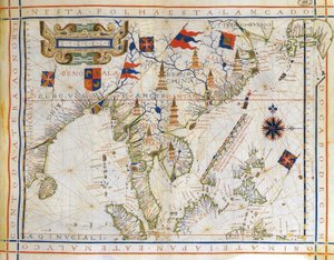 Fernao Vaz Dourado portugál térképész (1520 körül-1580 között) 1571-es, Mercator előtti térképe. Kelet-India, a Bengáli-öböl, Délkelet-Kína, Thaiföld, Borneó és Japán térképe. A Ráktérség elnevezése. alkotó: Fernao Vaz Dourado