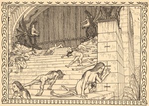 A Tettek temploma előtt, 7. tábla, „Lebenszeichen” tárcából, kocsma. Fritz Heyder Verlag 1908-ban Berlinben alkotó: Fidus (1868-1948)