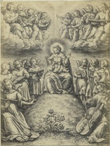 Fotoreproductie van de gravure Le concert des anges door Hieronymus Wierix Az angyalok koncertje alkotó: Fierlants
