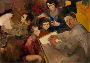Önarckép családdal - Filipp Andrejevics Maliavin (Maliavine) (vagy Andrejevics Maljavin) festménye (1869-1940), olaj, vászon (46,5x64,5 cm), orosz művészet, 19. század vége-XX. század eleje - Magángyűjtemény