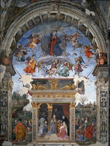 Szűz mennybemenetele és alatta Aquinói Szent Tamás, aki Máriának ajándékozza Oliviero Carafa bíborosnak a filippínó Lippi (1457-1504) freskóját 1488-1492 Róma, Santa Maria sopra Minerva templom, Carafa kápolna Olaszország alkotó: Filippino Lippi