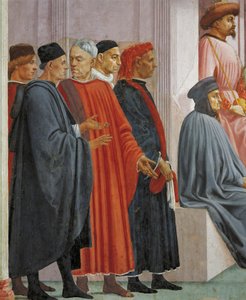 Férfiak középkori ruhában, részlet a Theophilus fiának felneveléséből, Tommaso Masaccio, freskó alkotó: Filippino Lippi