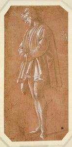 Tanulmány egy fiatal férfiról, aki ujjában összekulcsolt kézzel áll (fémhegy papíron, rózsaszín, fehér testszínnel kiemelve) alkotó: Filippino Lippi