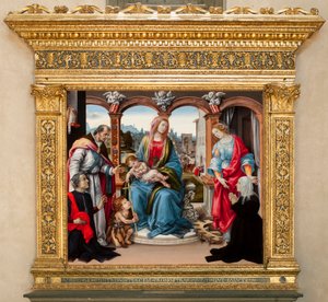 Szűz gyermekkel és Keresztelő Szent Jánossal, Szent Mártonnal és Alexandriai Szent Katalinnal. Nerli oltárkép (tempera a panelen alkotó: Filippino Lippi