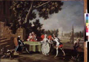 ""A kártyaparti"" Olasz nemesség csoportja, akik kártyáznak a kertben. Filippo Falciatore (1718-1768) festménye 18. századi Puskin Múzeum, Moszkva