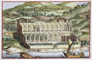 Egy melegház szerkezete, Giovanni Battista Ferrari "Hesperides" című művéből, metszette Cammillo Congio (1630 körül), megjelent 1646-ban.