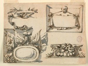 Rajz, Egy címerpajzs, egy trófea, egy címke, egy fríz díszítő motívum, 1750-75 alkotó: Filippo Marchionni