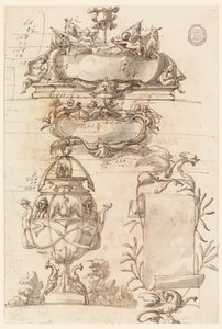 Rajz, Két címerpajzs, díszes váza és egy tekercs, 1750-75 alkotó: Filippo Marchionni