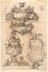 Rajz, Két címerpajzs, díszes váza és egy tekercs, 1750-75 alkotó: Filippo Marchionni