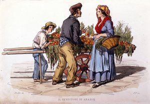 Nápoly város Kleingewerbe: a sétáló narancsárus. Metszet F. Palizza festménye után. Francesco de Bourcard „” Costumi del regno di Napoli” című művéből” alkotó: Filippo Palizzi