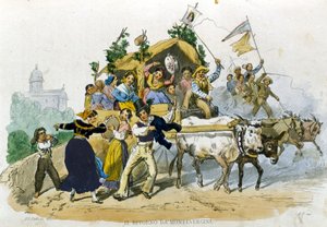 A nápolyiak vidáman térnek vissza a montevergine-i kirándulásról. F. Palizzi rajza De Bourcard „Costumi del regno di Napoli”-ból alkotó: Filippo Palizzi