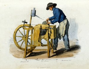 Small business of the city of Naples: a knife sharpener. Engraving after a painting by F. Palizza. From a work by Francesco de Bourcard “” Costumi del regno di Napoli”” alkotó: Filippo Palizzi