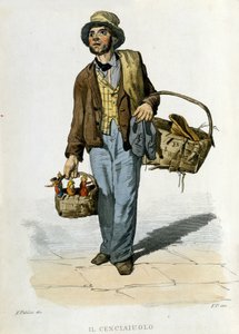 Small business of the city of Naples: the cenciauolo. He was a character who picked up old fabrics and clothes he used to exchange for pieces of soap. Engraving after a painting by F. Palizza. From a work by Francesco de Bourcard “” Costumi del regno di Na alkotó: Filippo Palizzi