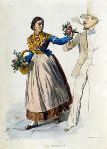 Small business of the city of Naples: young florist tending a bouquet to an elegant man. Engraving after a painting by F. Palizza. From a work by Francesco de Bourcard “” Costumi del regno di Napoli”” alkotó: Filippo Palizzi