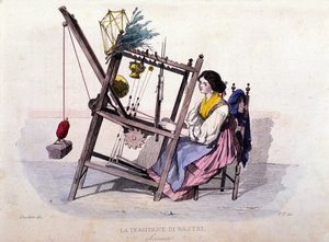 A nápolyi királyság kisvállalkozása: fiatal nő Sorrentóból, szalagokat szövő. Metszet F. Palizza festménye után. Francesco de Bourcard „” Costumi del regno di Napoli” című művéből” alkotó: Filippo Palizzi