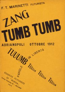 Filippo Tommaso Marinetti "Zang Tumb Tumb" című könyvének borítója 1912-ből. Milánó magángyűjtemény
