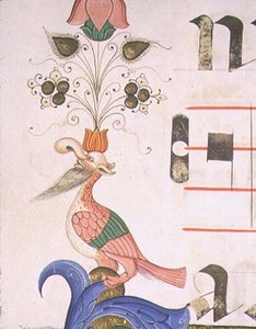 Mise 515 f.120v Groteszk madár emberi fejjel, díszítő szegélyrészlet egy 1449 előtt készült kóruskönyvből (vellum)