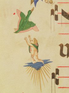Missál 515 f.13v Köpenyes kerub, aki egy repülő madarat próbál elkapni, dekoratív szegélyről, részlet az 1449 előtt készült kóruskönyvből 56721 vellum részlet
